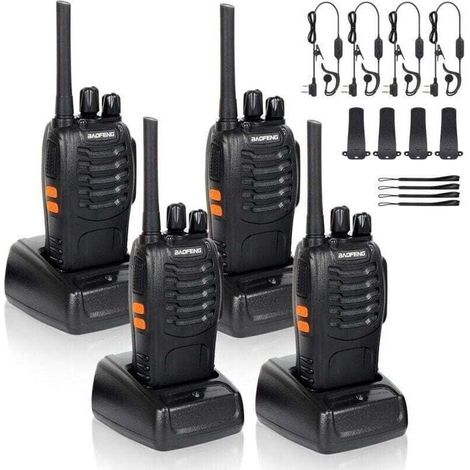 Talkie-Walkie 4 canaux 400–470 MHz, rechargeable, avec écouteurs inclus, FM intégré, noir – lot de 4