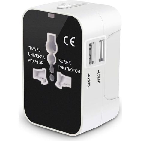 Adaptateur de voyage, adaptateur secteur universel tout-en-un dans le monde entier, prise secteur, chargeur mural international avec deux ports de charge USB pour téléphone portable US EU UK AUS Europ