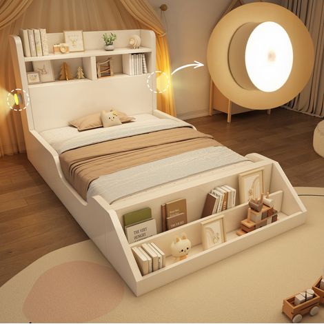 Bett Holz Weiß 90x200 cm mit Lattenrost, Ablageflächen, abnehmbarem Bücherregal und Nachtlichtern (1/5)