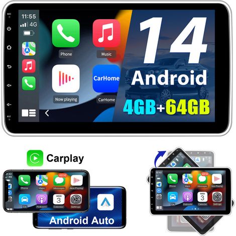Autoradio JUNSUN 1 DIN 64 Go Android 14 CarPlay écran pivotant à 360° navigation GPS