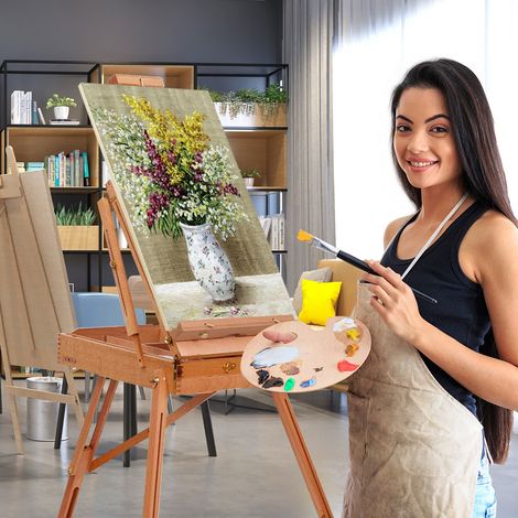 Chevalet pliable en bois avec boîte à compartiments, hauteur réglable et pieds antidérapants pour atelier, maison et plein air (1/5)