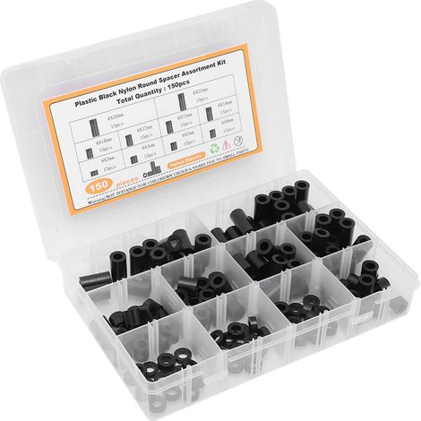150-teiliges Sortiment runder Nylon-Abstandshalter aus Kunststoff für Schrauben, Befestigungsmaterial, schwarz (1/5)