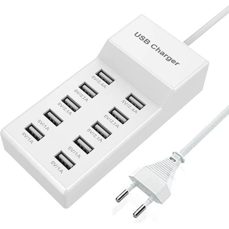 Chargeur USB Multi-Port, Prise d'alimentation USBA 10 Ports Charge Rapide USB Multi-Ports Compatible avec iPhone Samsung Xiaomi/Huawei/Oppo/OnePlus/autres appareils