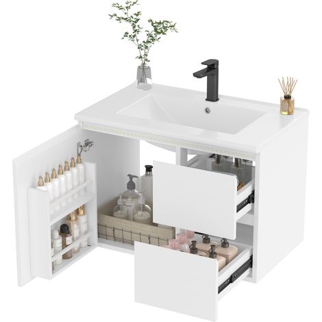 CHICFURN Mobile lavabo sospeso 76x46x50 cm in MDF bianco con lavabo ceramico, LED radar (1/5)