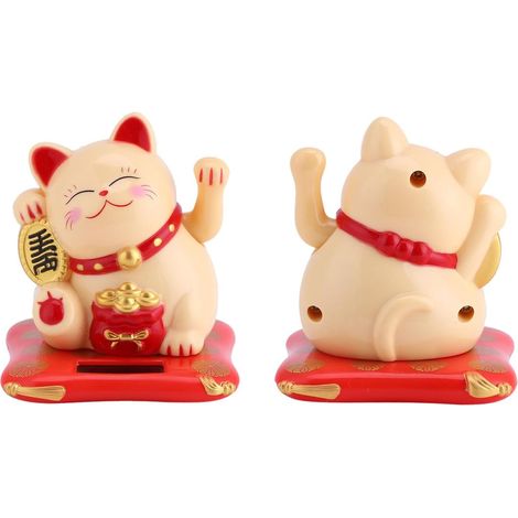 Chat Chinois Porte Bonheur, Figurine Chat avec l'énergie Solaire Décoration pour Voiture Maison Bureau, 6,5 x 7 x 7,6cm(Jaune) (1/5)