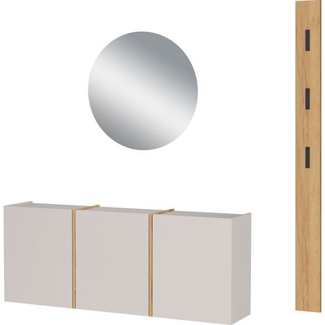 Meuble d'entrée + miroir 60 cm + porte manteau taupe et naturel - LYKO