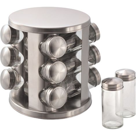 Gewürzständer „Line“ aus mattiertem Edelstahl mit 12 Glasbehälter und drehbaren Standfuß