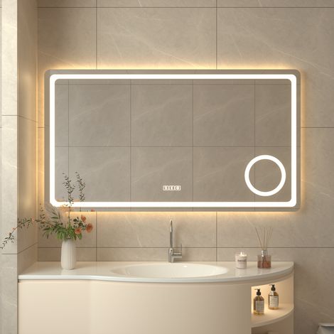 Miroir Salle de Bain 120 x 70cm Bluetooth, Anti-Buée, 3000K-6500K,Dimmable, Mémoire,Loupe 3X, Verre Trempé, IP44, Miroir Lumineux LED (1/5)