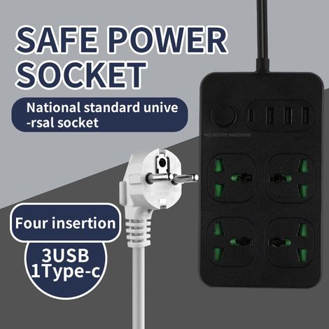Steckdosenleiste mit USB- und USB-C-Anschlüssen, ideal für Zuhause und Büro, Verlängerungskabel mit runden Öffnungen, schwarzes Modell 2