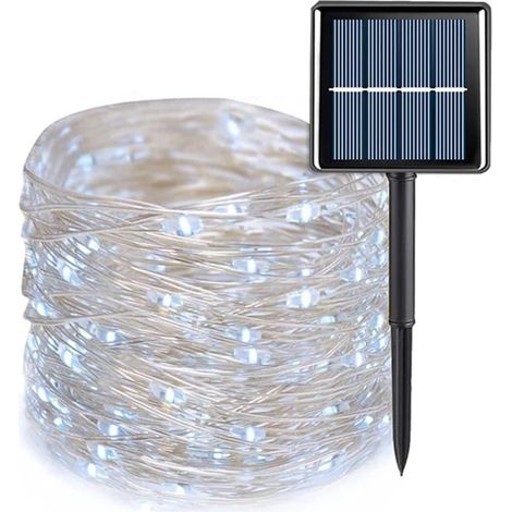 Guirlande lumineuse solaire LED blanche (32 m, 300 LED) pour jardin, terrasse ou sapin de Noël. Étanche et scintillante. Compatible avec les décorations de Noël, patio et fêtes. (1/5)