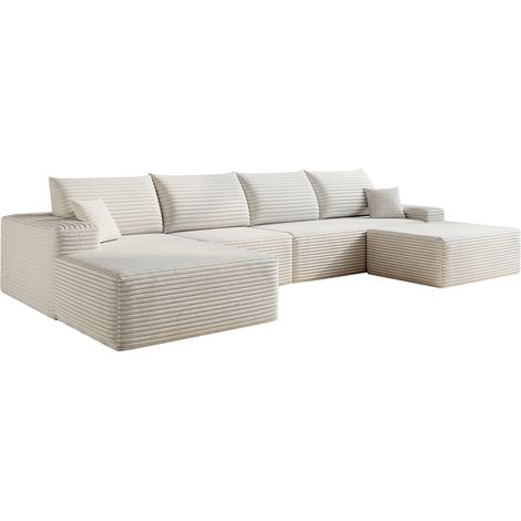 Modulares Ecksofa, Tiefe Sitzfläche, Hochelastischer Schaumstoff, Rippstoff mit Streifen, Weiß (1/5)
