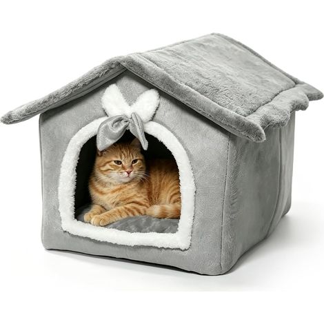 Niche pour chat douillette avec coussin moelleux - Fond antidérapant - Niche chaude pour animaux de compagnie pour l'intérieur et l'extérieur (1/5)