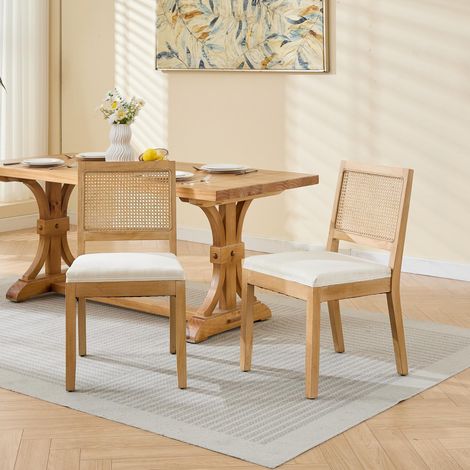 Pack de 2 Sillas de Madera Maciza - Respaldo de lino, Asiento de ratán - Ideales para cocina y comedor - Estilo rústico campestre, Beige (1/5)