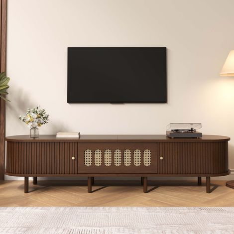 Meuble TV 180 cm noyer foncé & rotin, porte abattante + volets, MDF, 5 zones de rangement, jusqu’à 80" (1/5)