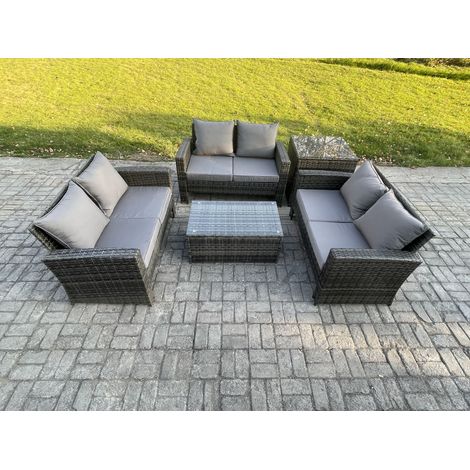Fimous Dunkelgrau 6-Sitzer Rattan Gartenmöbel Set im Freien Patio Liebes-Sofa Rechteckig Couchtisch Set mit Beistelltische (1/5)