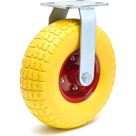 Wiltec Bockrolle Ø258 und 78mm Breite Transportrolle Vollmaterial mit Metallfelgen gelb pannensicher bis 150kg Apparaterolle leiser Lauf (1/5)