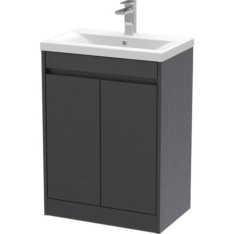 Chartley Contemporary Floor Standing 2 Door Vanity Basin Unit, Mid-Edge Basin, 600mm, Woodgrain Graphite Grey