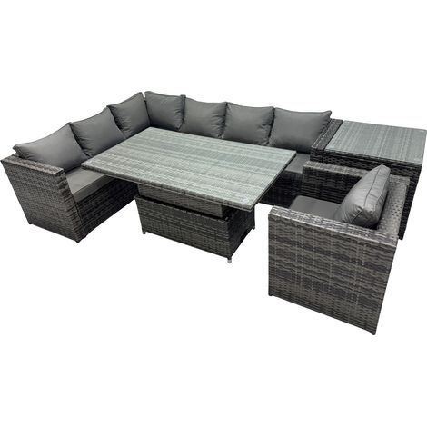 Fimous 7-seater Height Adjustable Rising Lifting Table Corner Sofa Set Rattan Garden Furniture Dining Set with Side Table Dark Grey Mixed (1/5)
