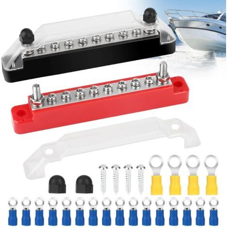 Borniers 12V Barre de Bus, Bloc de Distribution de Masse D'Alimentation Couvert avec Goujons de Borne M6 Vis de Borne M4 pour Voiture, Bateau, Caravane, Camping-Car, Rouge et Noir