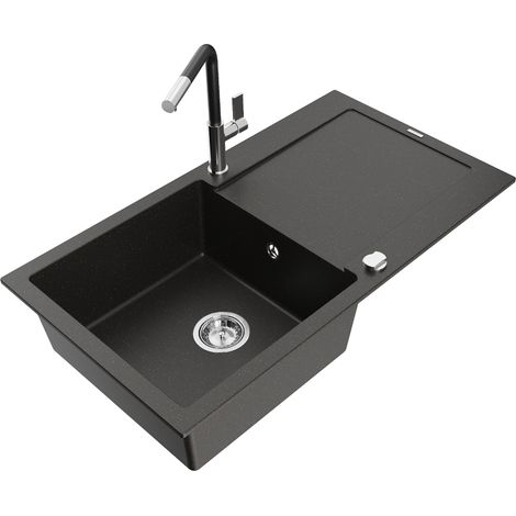 Mexen Leo 1 Becken-Granitspüle mit Abtropffläche und Mischbatterie Flora, Schwarz/Gold metallisch - 6501-75-670401-07