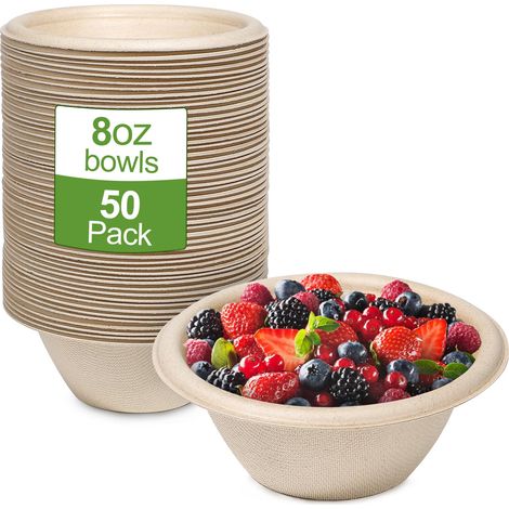 Lot de 50 bols à soupe jetables en carton de 230 ml - Marron  Assiettes jetables rondes en canne à sucre, assiettes jetables en carton biodégradables (1/4)