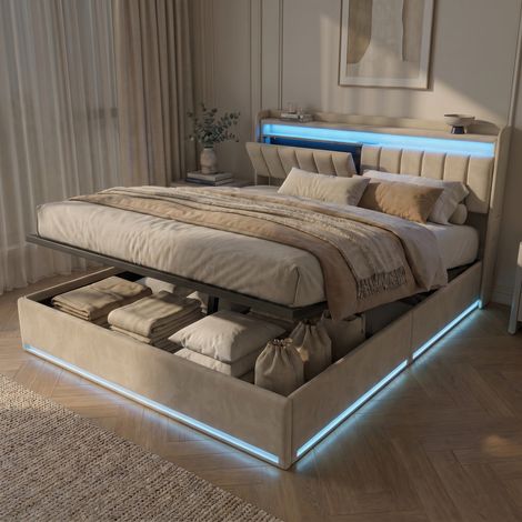 Lit coffre double 140x200 cm, lit adulte avec RGB LED et ports USB, tête de lit de rangement, velours, style moderne, Beige (1/5)