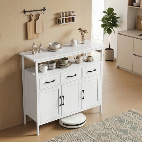 Buffet avec étagères réglables, meuble de rangement à 3 tiroirs et 3 portes, 95 cm, blanc