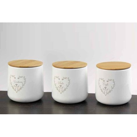 TRIS BARATTOLI CUORE 11X11CM CON TAPPO IN LEGNO E COLORE BIANCO