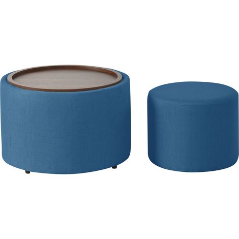 CAIziBall & Cast lot de 2 poufs gigognes avec rangement, pouf avec revêtement en lin et plateau en bois, table basse et banc ronds 58 cm, bleu (1/5)
