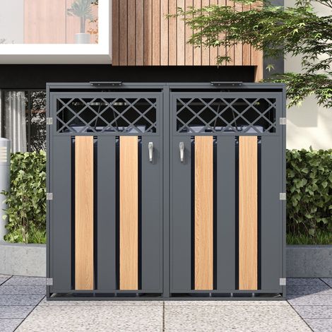 Cache-Poubelle Extérieur - Abri 132x80x118,5 cm avec Couvercle à Charnières, Aérations en Losange, Doubles Portes Verrouillables, Coffre de Rangement Jardin