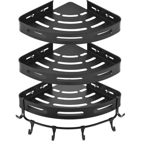 Étagère Douche Angle Alliage Aluminium – 3 Niveaux, Crochets, Adhésif – Fixation Murale Sans Perçage – Pour SdB, Cuisine, Dortoir (1/5)
