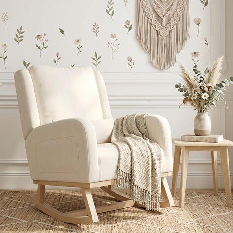 Rocking chair, Fauteuil à Bascule Confortable en Tissu - Fauteuil confortable avec poches latérales, Style Scandinave, Dossier rembourré - Beige
