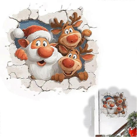 Sticker mural 3D représentant le Père Noël défonçant un mur, autocollant mural en vinyle pour les fêtes