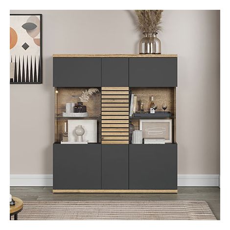 Ebuy24 – Buffet haut vitré 3 portes 131 cm – Largeur 37 cm – Hauteur 146 cm – Panneaux mélaminés gris anthracite et chêne blond – Système soft-close (1/7)