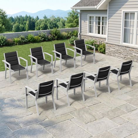 lot de 8 Chaise de Jardin Empilable, Fauteuil en Aluminium avec Tissu Textilène et Mousse à Séchage Rapide, Respirante, Confortable et élastique, ne Fatigue pas Après une longue Assise, Gris Clair (1/5)
