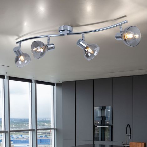 Deckenlampe Wohnzimmerleuchte Deckenleuchte Esszimmerlampe Flurleuchte, Spots beweglich 4 Flammig, Metall Glas Chrom, E14, L 70 cm