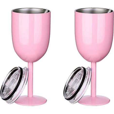 Lot de 2 verres à vin roses isothermes à double paroi en acier inoxydable de qualité alimentaire, avec système anti-fuite. (1/4)