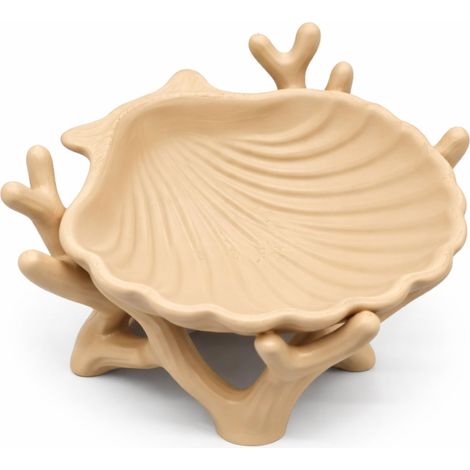 Bandeja decorativa beige con forma de concha para organizar joyas y llaves. (1/3)
