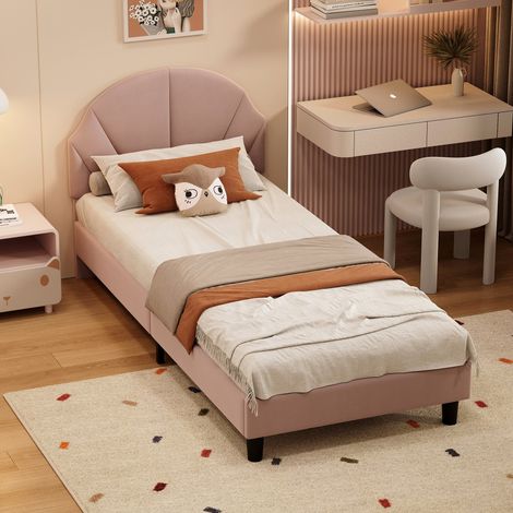 Lit simple enfant 90x200 cm avec Tête de lit coquille réglable,Sommier,lit ado,Bois Massif,Pieds de Support renforcés,Velours Rose (1/5)