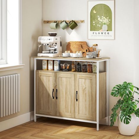 Aparador, mueble de almacenamiento con 3 puertas, compartimento abierto y 4 baldas regulables, 100 x 35 x 88 cm, madera natural. (1/5)