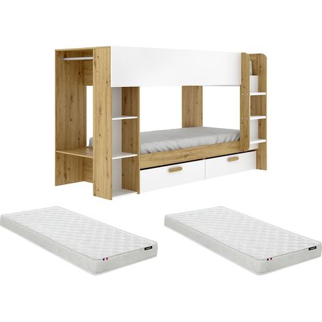 Letto a castello 2 x 90 x 200 cm con contenitori e armadio Bianco e naturale + Materasso - OSANA (1/5)