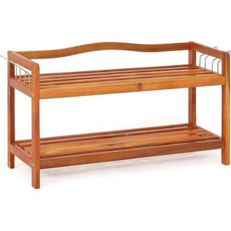 Banc à chaussures 74 x 26 x 42 cm grande capacité et crochets latéraux style moderne en bois acacia marron