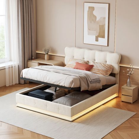 Polsterbett 140 x 190 cm mit LED-Beleuchtung, Doppelbett mit hydraulisch und Stauraum, modern Jugendbett mit verstellbarem Kopfteil, Bettgestell mit Lattenrost, Velour Beige