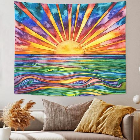 Tapisserie murale bohème à suspendre avec soleil arc-en-ciel – Réactive à la lumière noire UV pour l'esthétique de la chambre à coucher (152x203cm) (1/4)