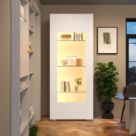 Vitrine haute brillance 70x40x173 cm - 2 portes en acrylique - Avec éclairage LED - Verre trempé - MDF - Blanc (1/5)