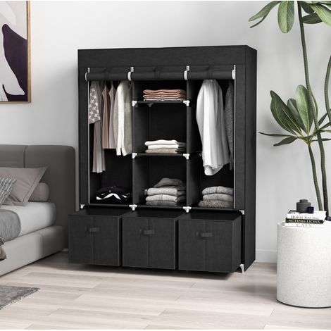 MEUBLIV Armoire en tissu noire 125 x 43 x 162,5 cm avec 3 tiroirs et 2 penderies (1/5)