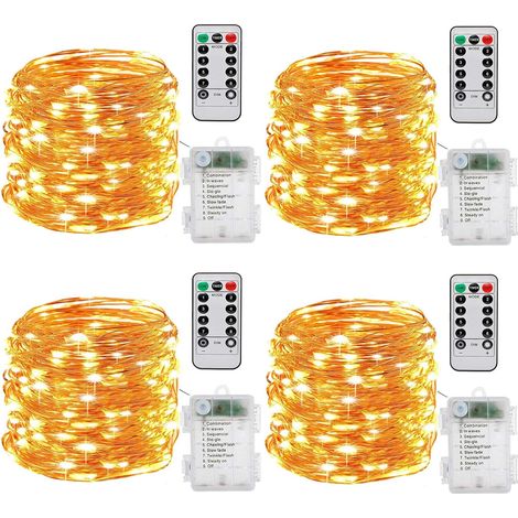 Batteriebetriebene Lichterkette, [4er-Pack] 10 m, 100 LEDs, Timerfunktion mit Fernbedienung, IP65 wasserdicht, Kupferdraht mit 8 Lichtmodi für die Innen- und Außendekoration (Warmweiß)