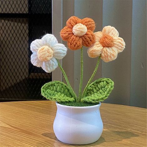 Fleur Artificielle - En Laine Tricotée À La Main - Bouquet De Muguet Et Tournesol En Pot - Décoration Intérieure Pour Salon Chambre Bureau - 1 Pièce (1/5)