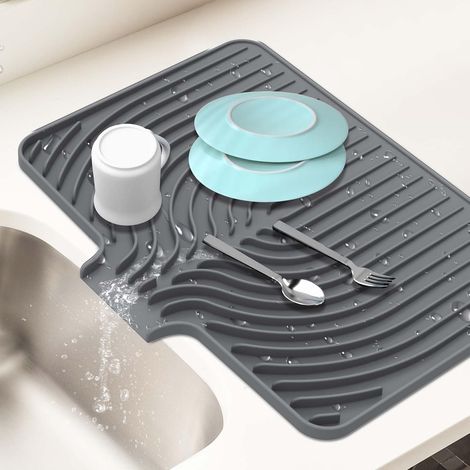 Tapis égouttoir pour plan de travail, avec rebord intégré, 45,7 x 30 cm, silicone alimentaire, facile à nettoyer, protection du plan de travail, résistant à la chaleur, usage multifonctionnel (gris) (1/5)