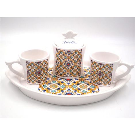 Set Caffe' Tè 2 Tazze 1 Barattolo Zucchero e Vassoio in ceramica Decoro Ravello